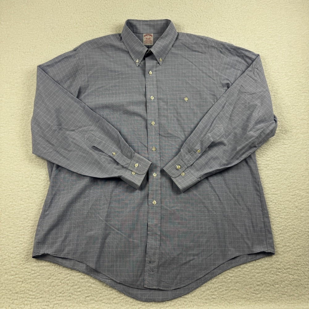 Brooks Brothers Shirt Mens 17-5 Blue Checkered Made In USA Formal Business